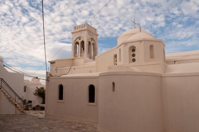 Catholic Cathedral in the central square of Kastro. Naxos island. 