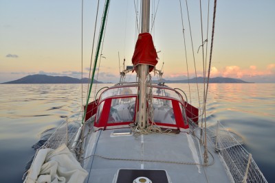 Early morning departure from Vulcano island, Italy.