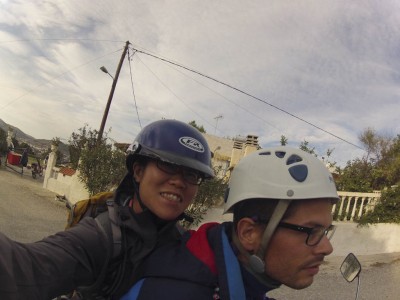 Motor bike ride to the hardware store in Lakki, 10km from Partheni. Hold on!!!