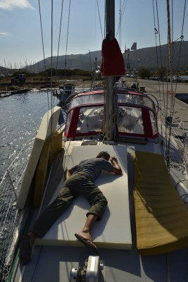 Paul sleeping on the job...and testing out the firmness of the foam. We may have made a bad purchase...